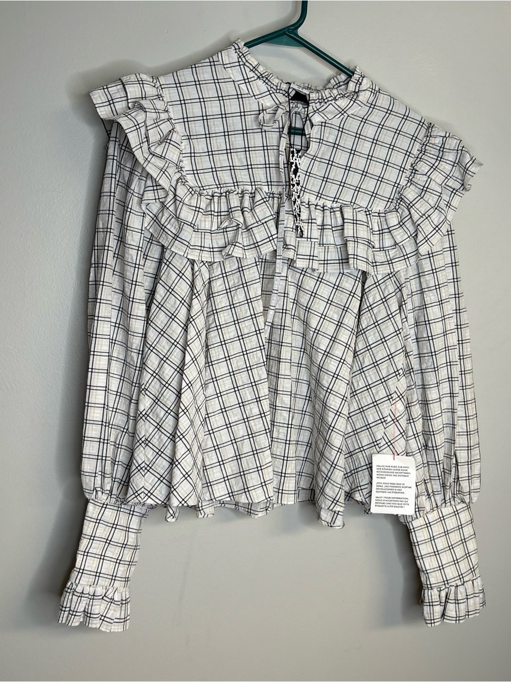 ASOS White and Black Plaid Ruffle Peasant Blouse